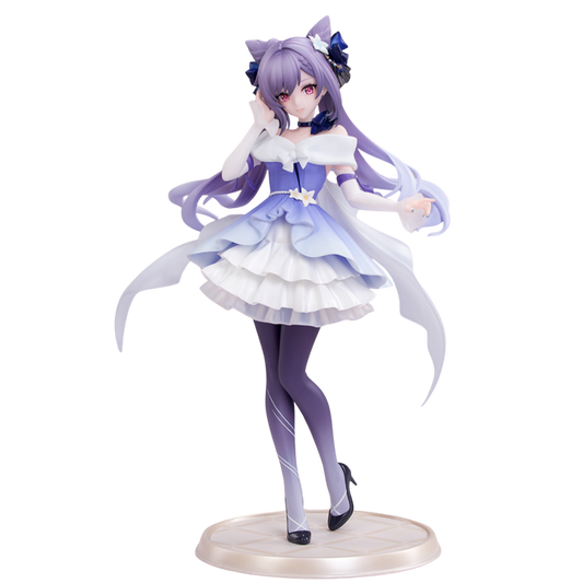 Anime character figurine with purple hair and a white and blue dress on a white background