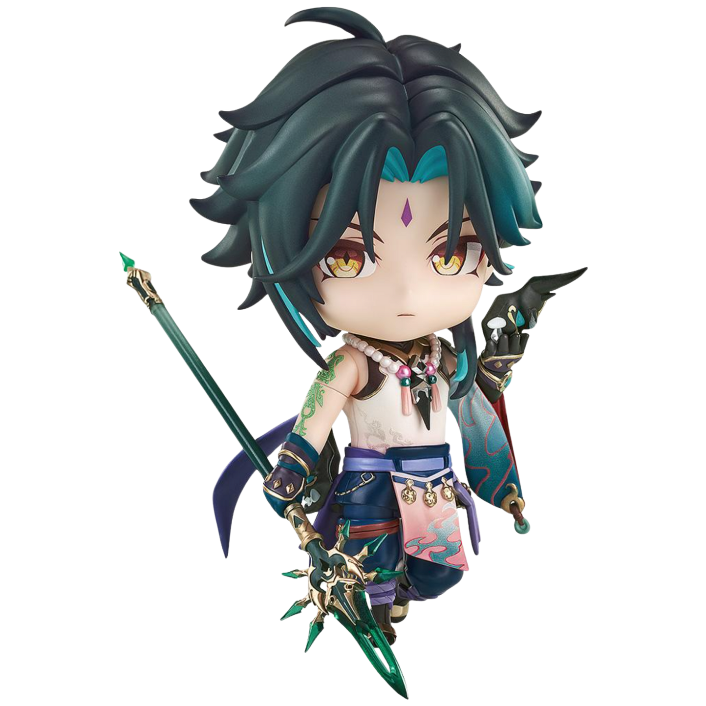 Animated character with dark hair and green eyes holding a weapon on a white background