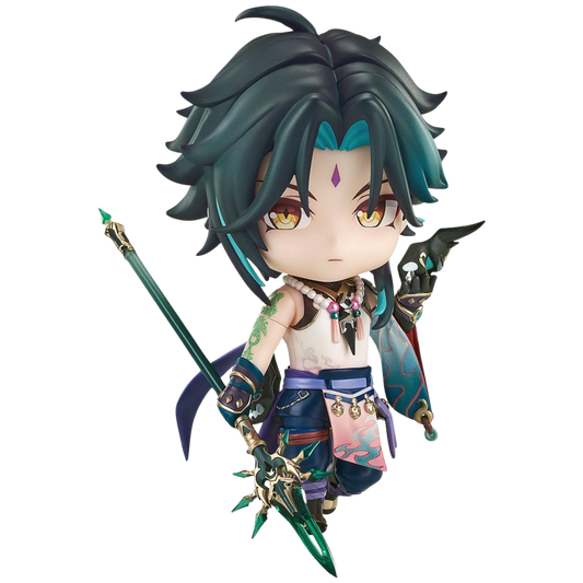 Animated character with dark hair and green eyes holding a weapon on a white background