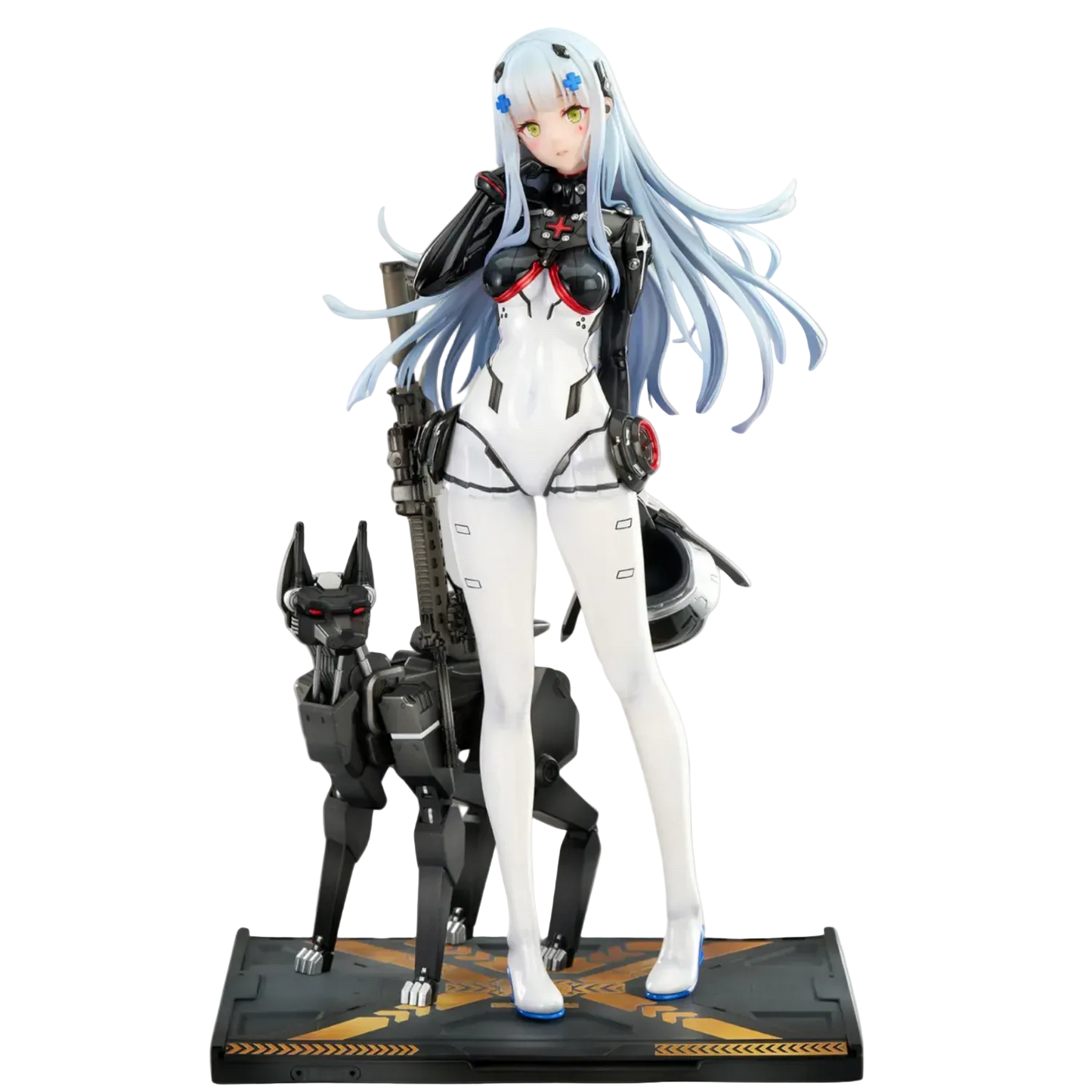 Figure of a character in a futuristic outfit with a robot companion on a gray background