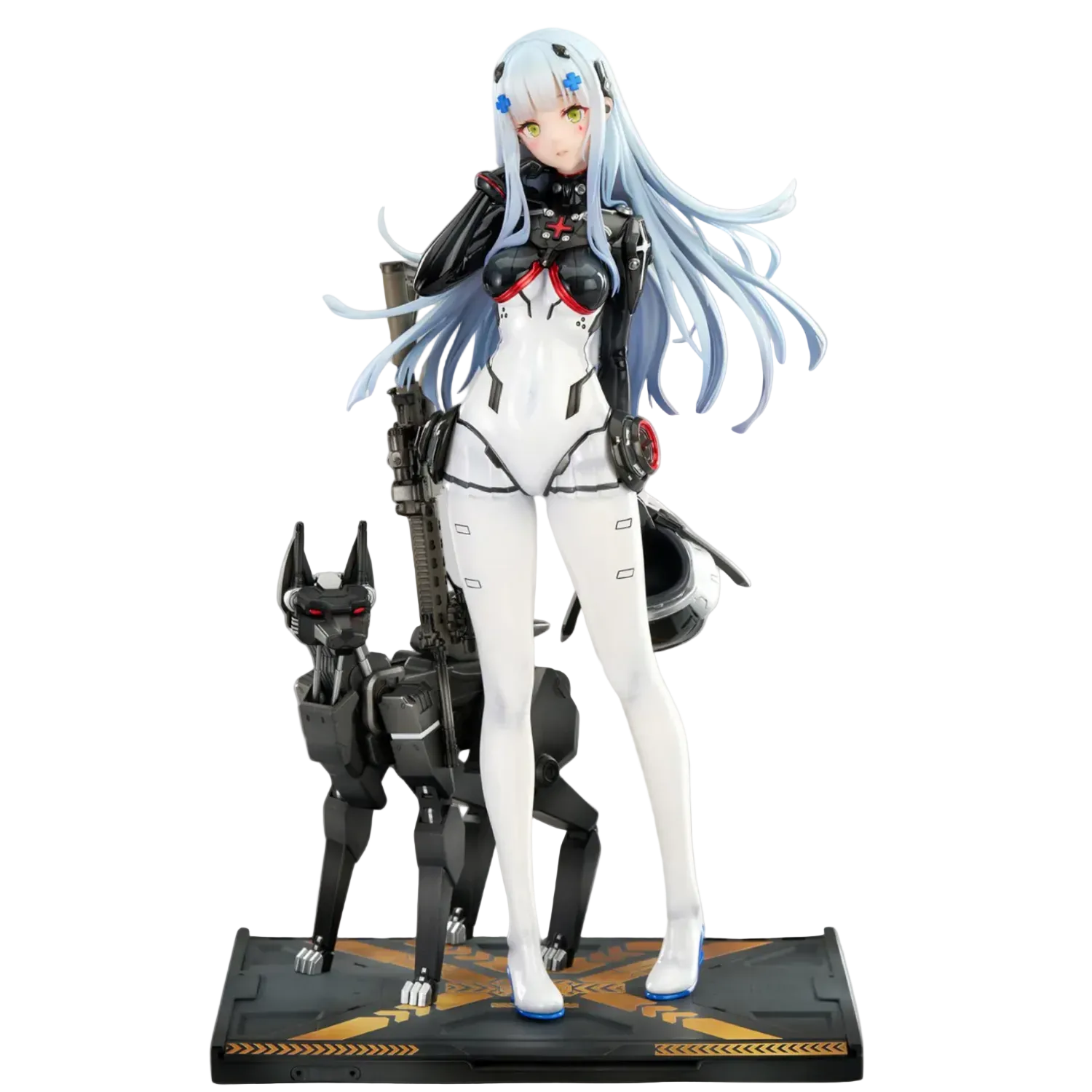 Figure of a character in a futuristic outfit with a robot companion on a gray background