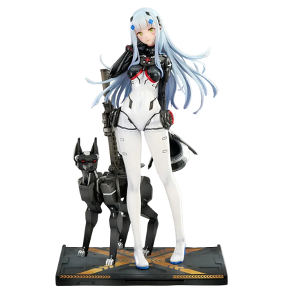 Figure of a character in a futuristic outfit with a robot companion on a gray background