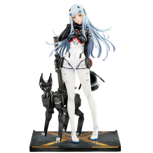 Figure of a character in a futuristic outfit with a robot companion on a gray background