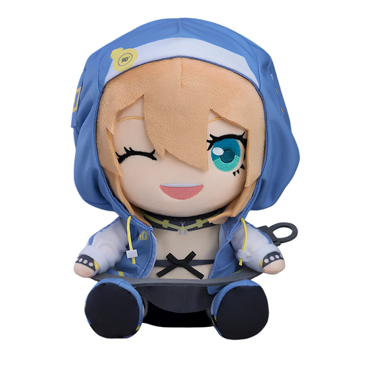 A plush doll of a character wearing a blue hooded outfit, with peach-colored hair, one visible turquoise eye, and black boots, photographed on a plain white background.
