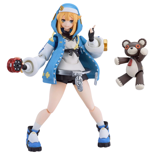 Action figure in blue and white outfit with a teddy bear toy on a white background