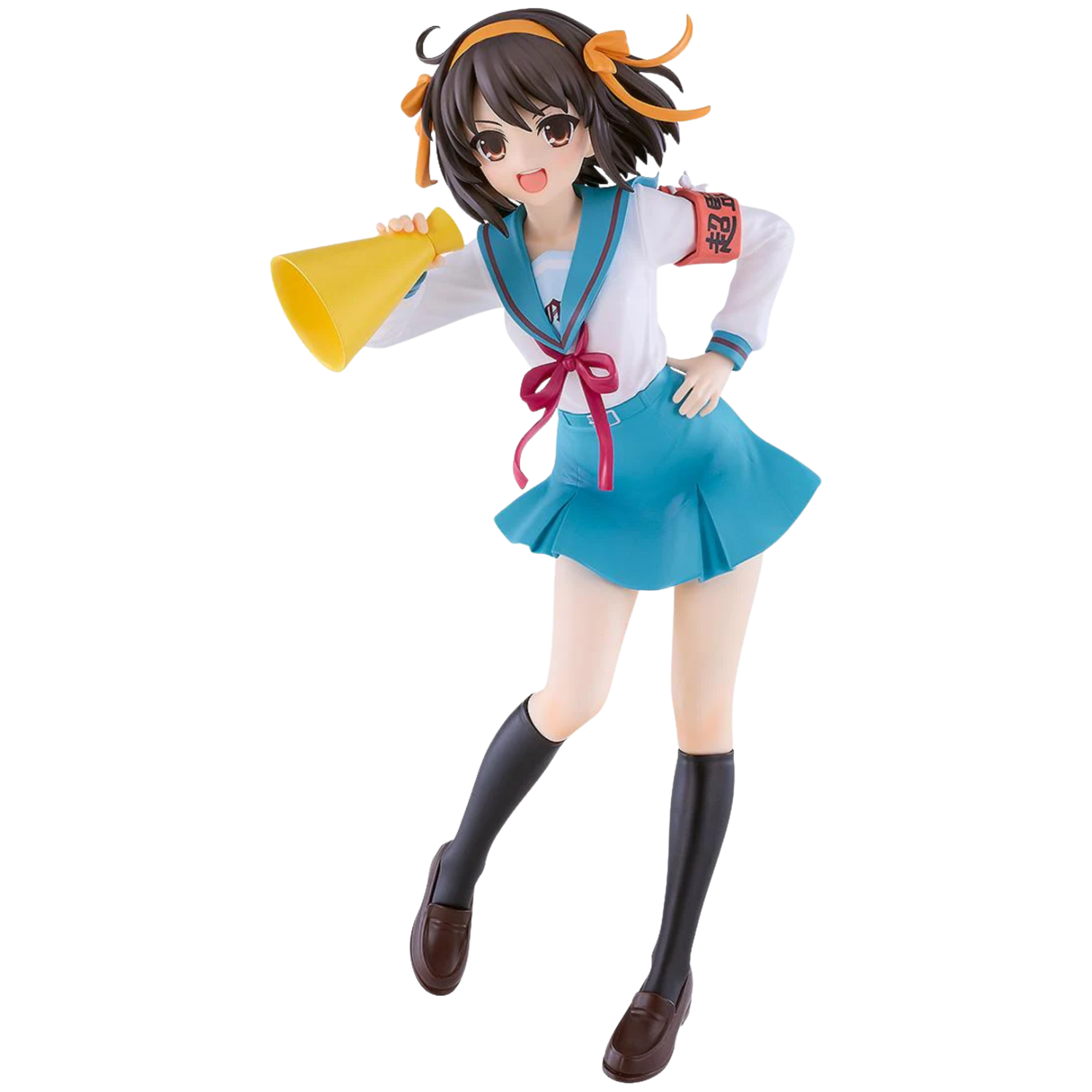 Figurine of a character in a school uniform holding a megaphone on a white background