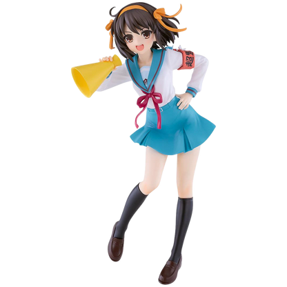 Figurine of a character in a school uniform holding a megaphone on a white background