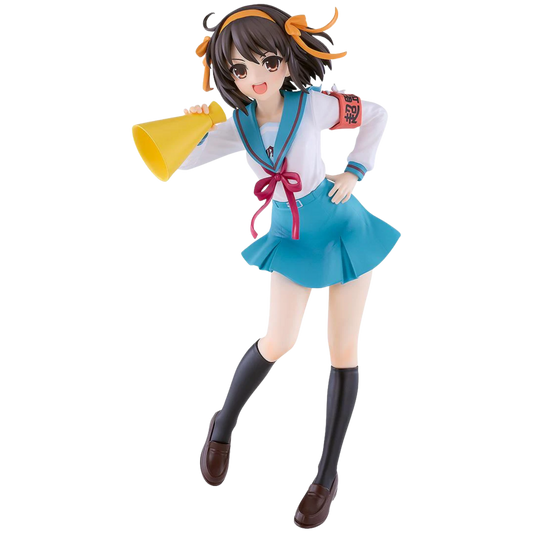 Figurine of a character in a school uniform holding a megaphone on a white background