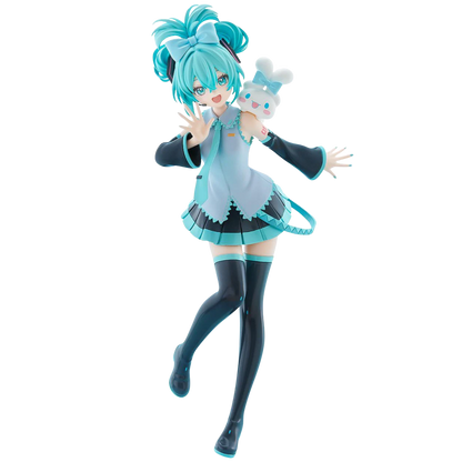 Anime character figurine with blue hair and outfit on a white background