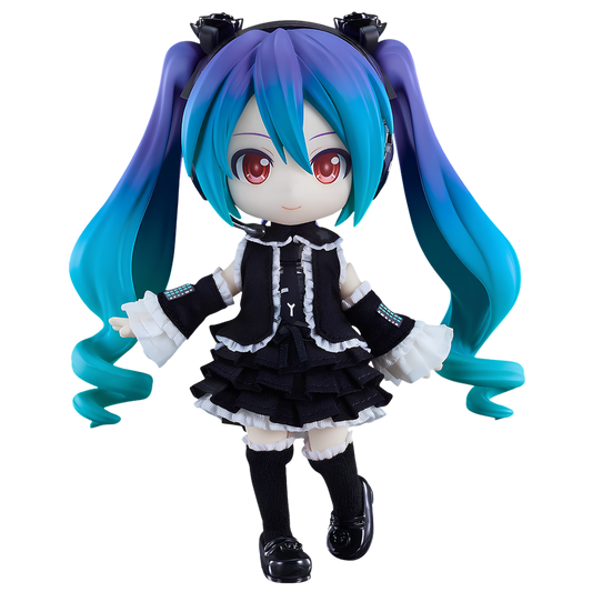 A Nendoroid collectible figure of Hatsune Miku with long blue and purple twin-tails, wearing a black and white maid outfit, set against a plain white background.