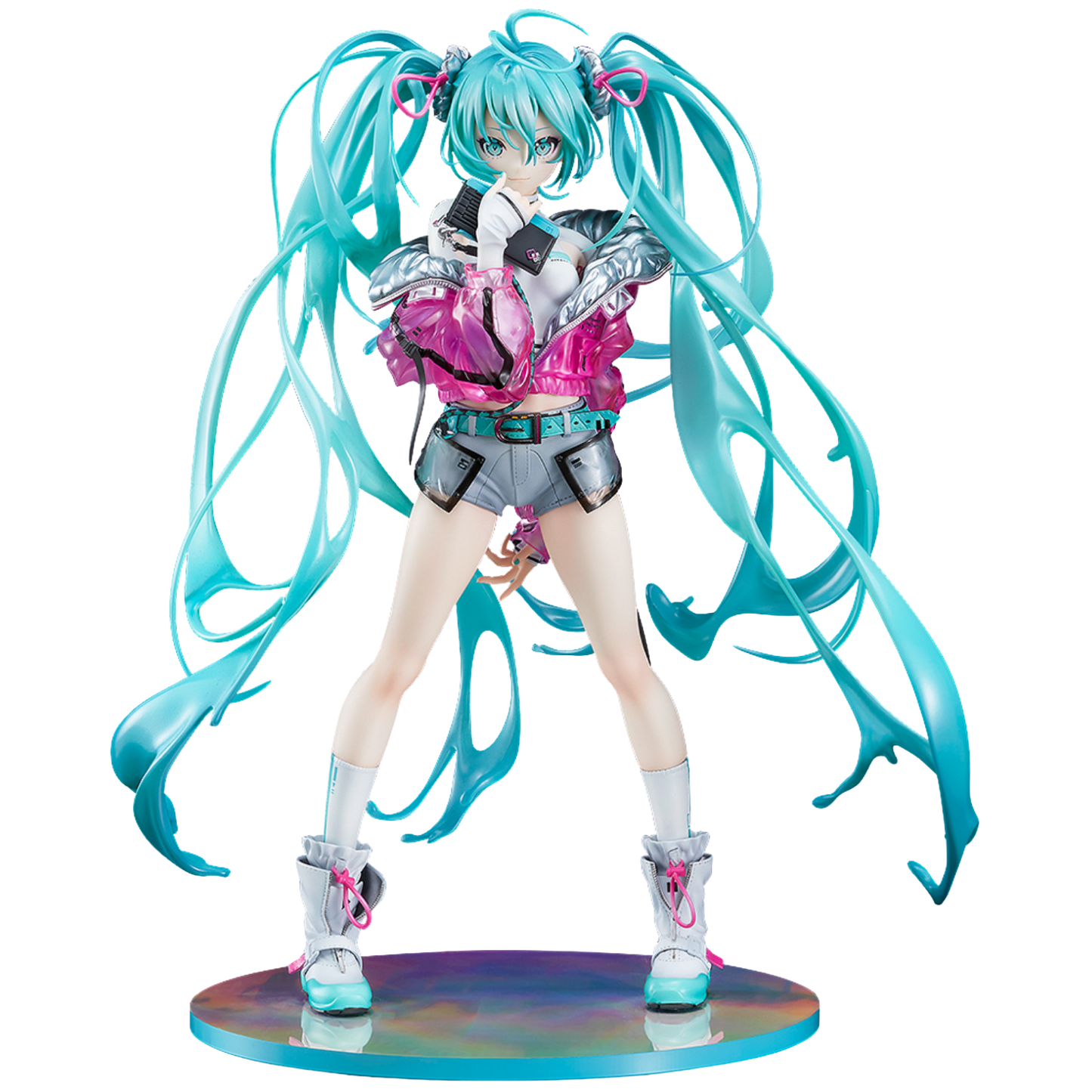 Anime character figurine with turquoise hair and colorful outfit on a white background
