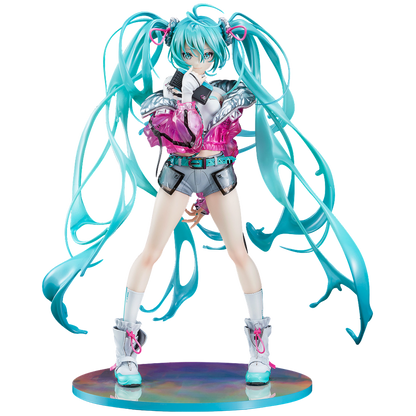 Anime character figurine with turquoise hair and colorful outfit on a white background