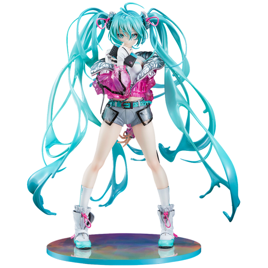 Anime character figurine with turquoise hair and colorful outfit on a white background