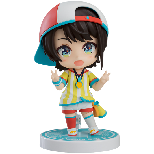 Colorful figurine of an animated character with a helmet on a white background