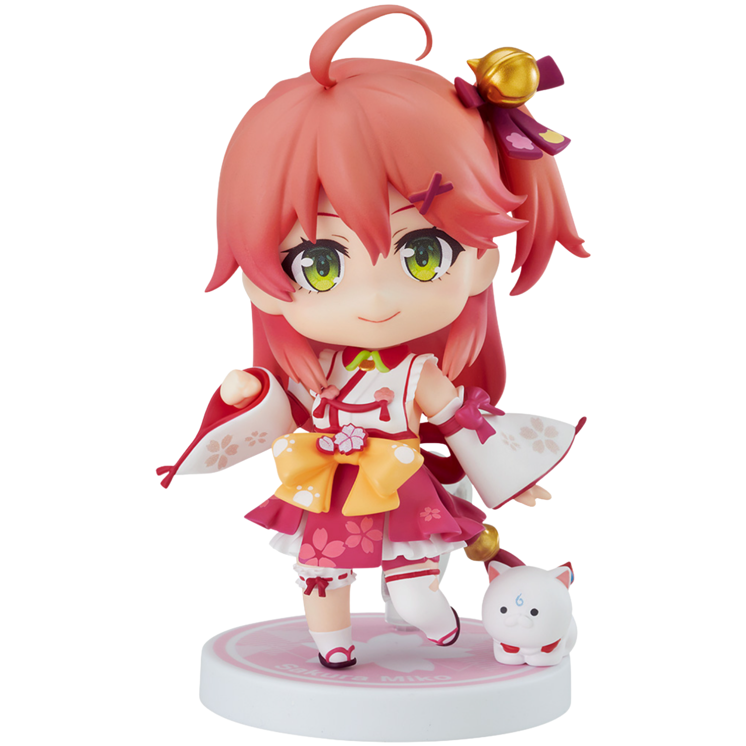 Anime character figurine with pink hair and green eyes on a white background