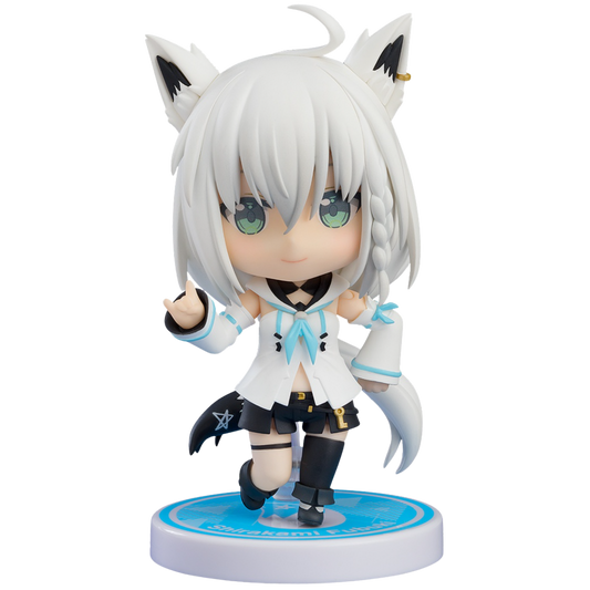 Anime character figurine with white hair and fox ears on a white background