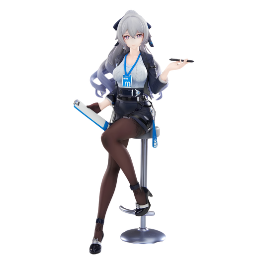 An anime-style female figurine seated on a bar stool, with long silver-gray hair, a white top, dark gray and black outfit details, brown tights, and black shoes. She holds a blue-and-white clipboard and a phone, against a plain white background.