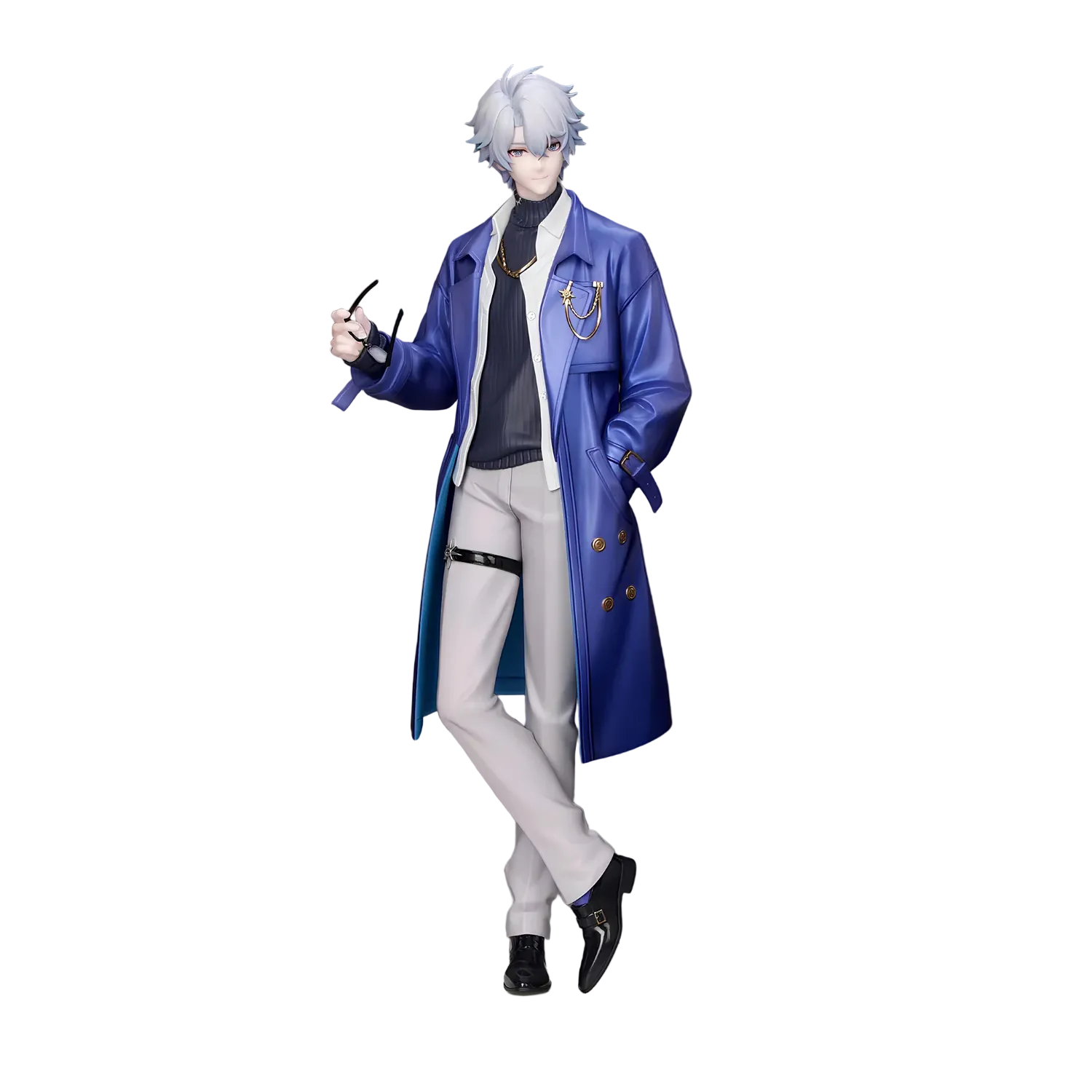 An anime-style collectible figurine of a male character with silver hair, wearing a blue trench coat, white shirt and trousers, and black shoes, posed on a white and gold base against a gray studio background.