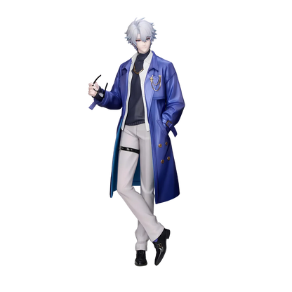 An anime-style collectible figurine of a male character with silver hair, wearing a blue trench coat, white shirt and trousers, and black shoes, posed on a white and gold base against a gray studio background.