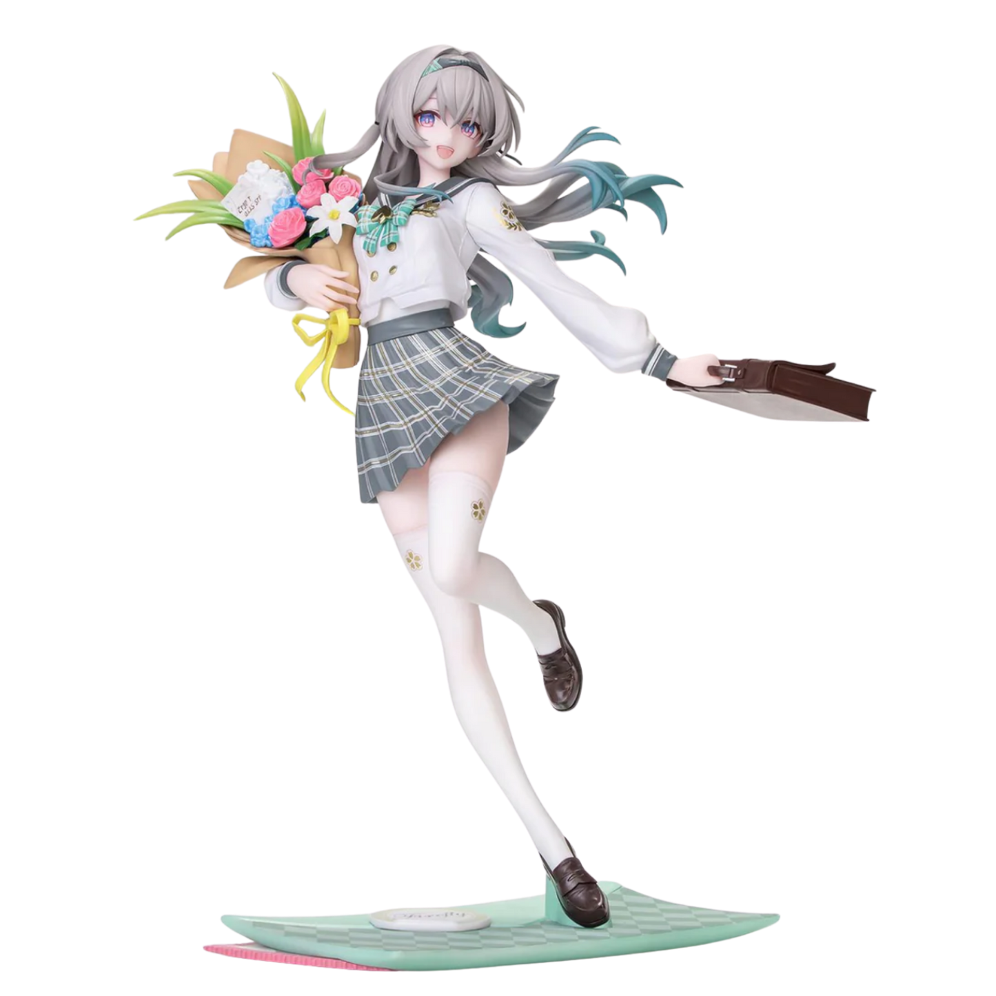 Figurine of a character in a school uniform holding flowers on a white background