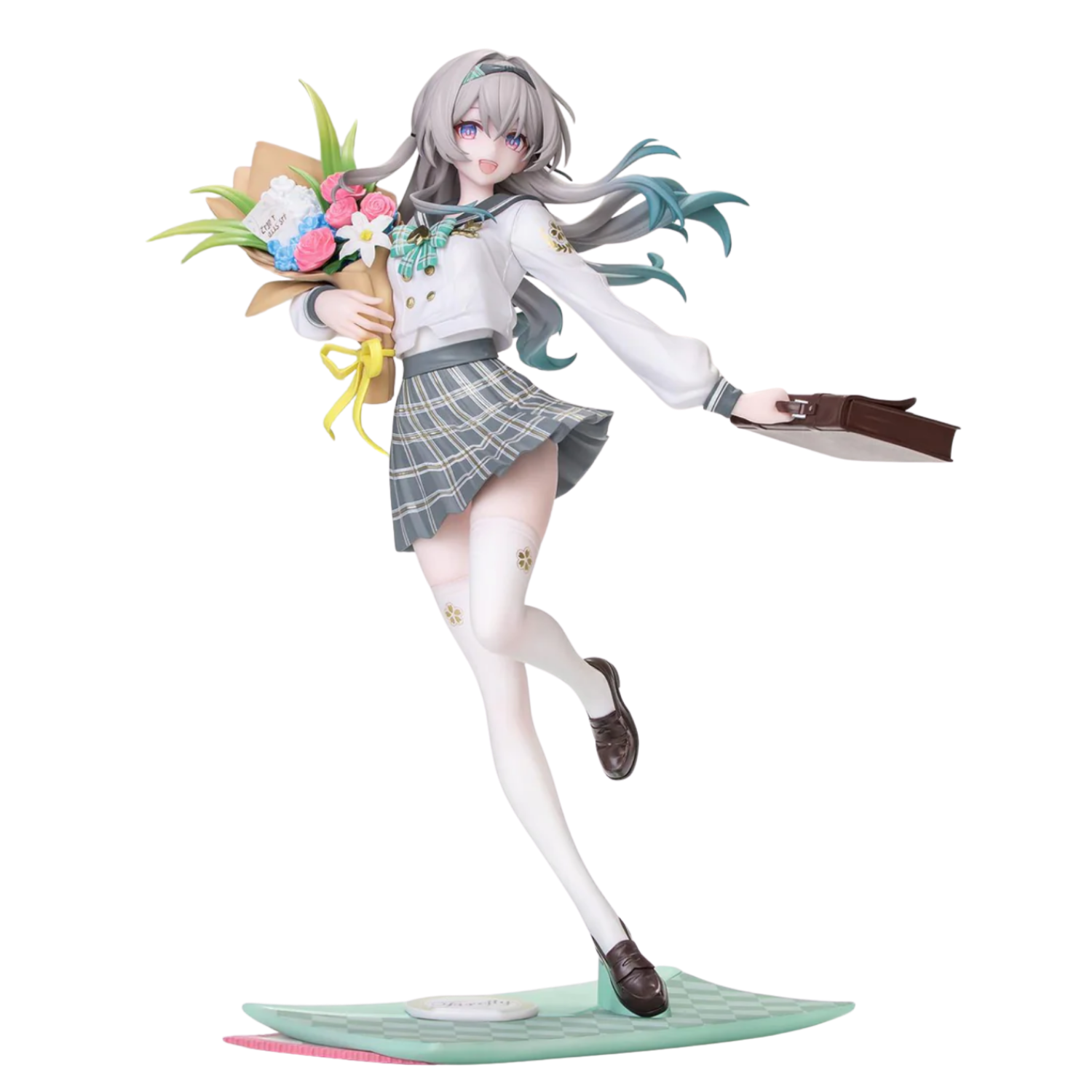 Figurine of a character in a school uniform holding flowers on a white background