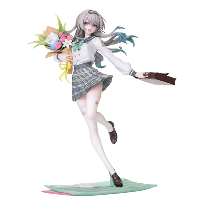 Figurine of a character in a school uniform holding flowers on a white background