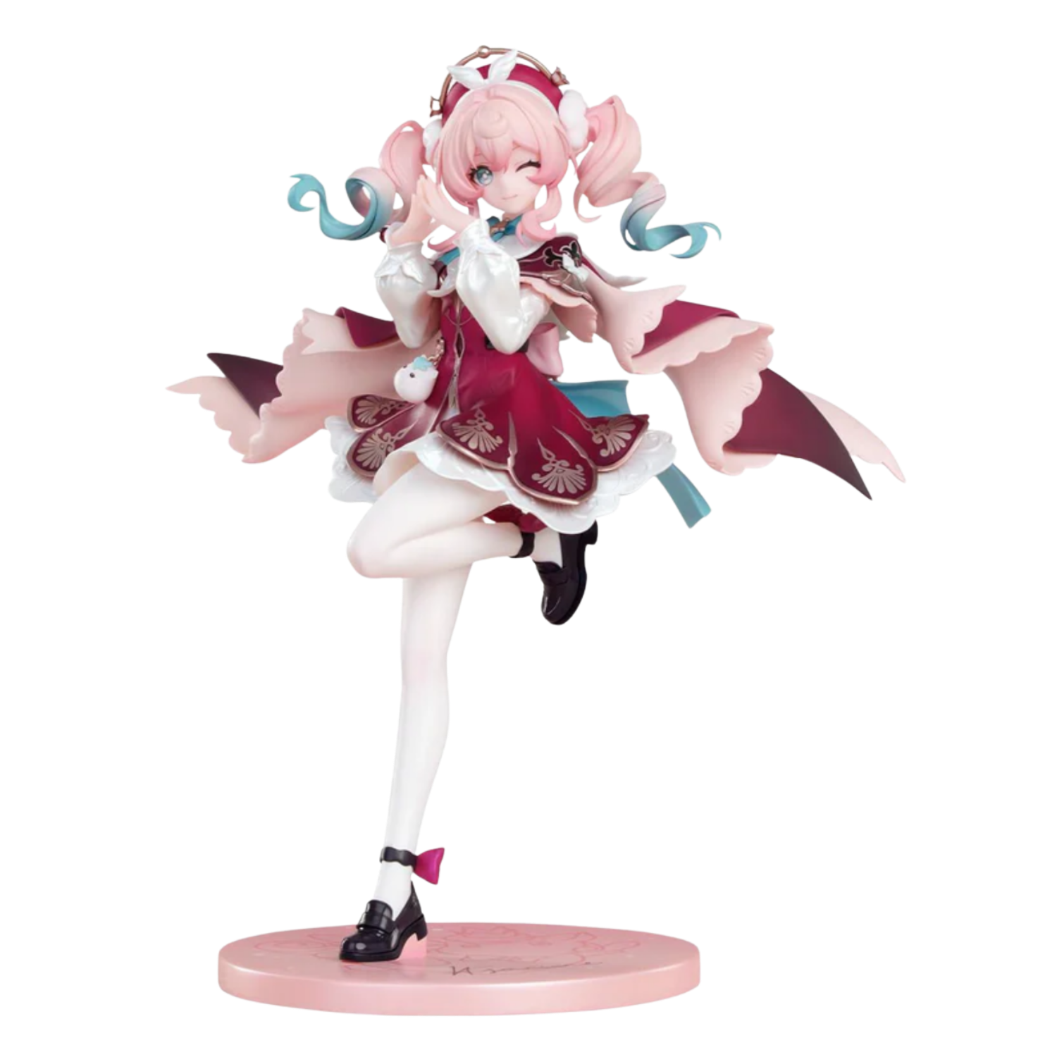 Animated character figurine with pink hair and a red dress on a white background