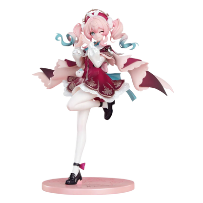 Animated character figurine with pink hair and a red dress on a white background