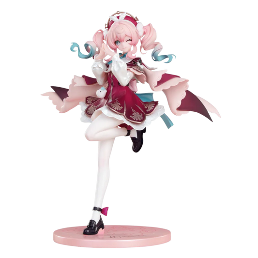 Animated character figurine with pink hair and a red dress on a white background