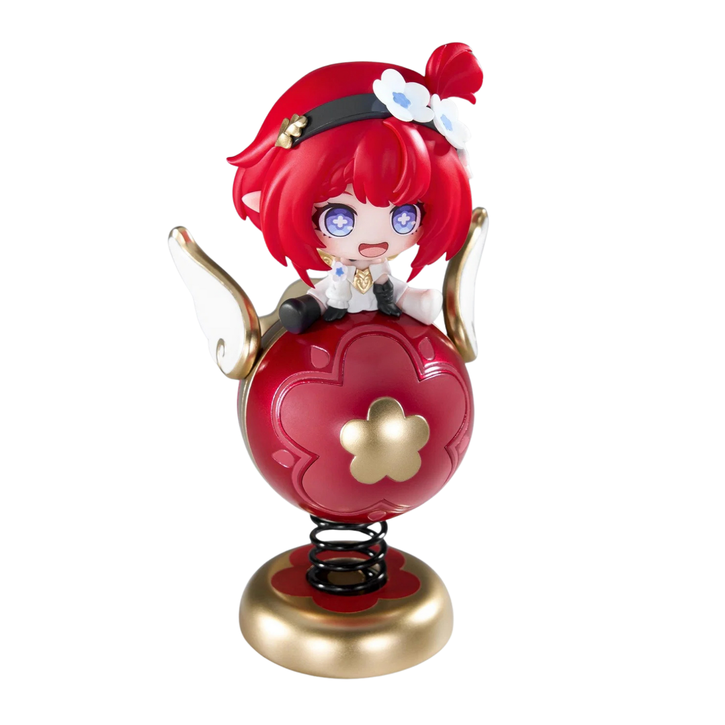 A chibi-style collectible figure with bright red hair and purple eyes, seated on a red heart-shaped spring base with gold accents and white wings, isolated on a black background.