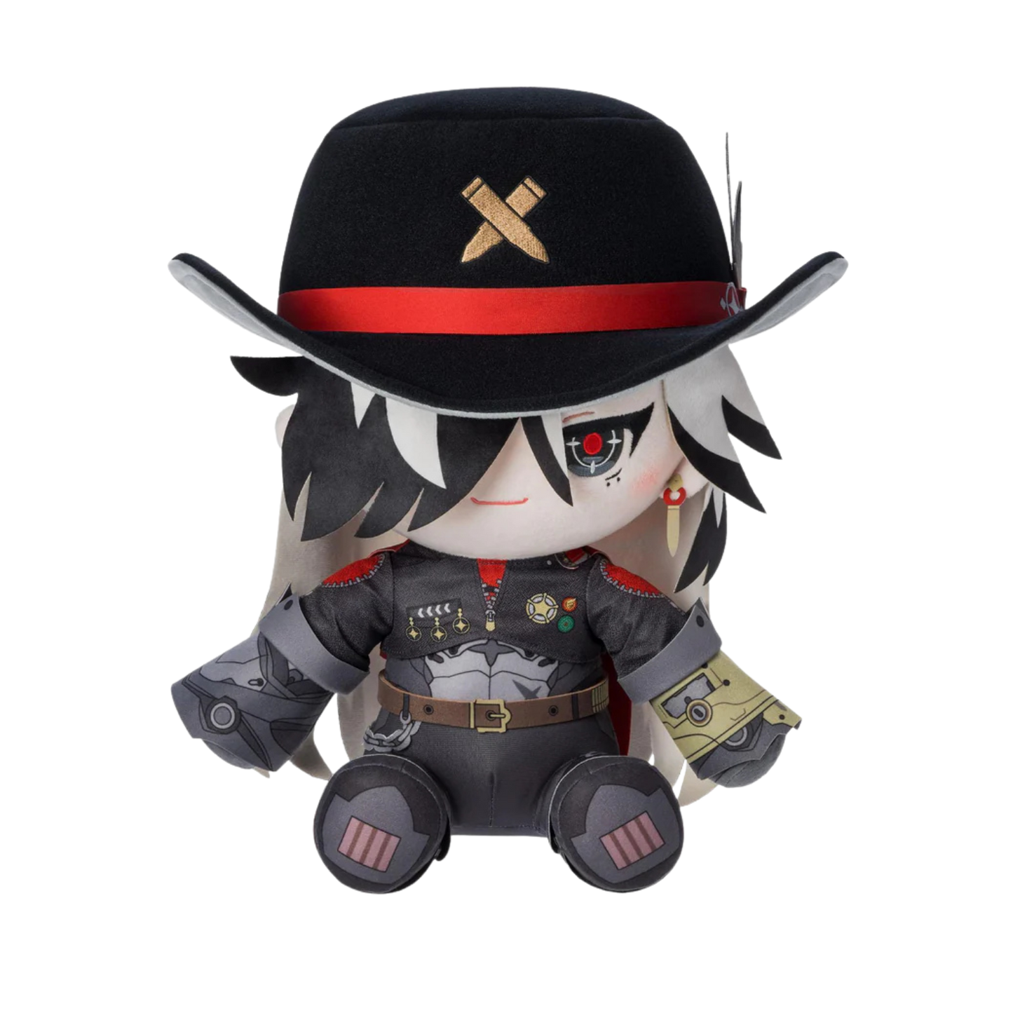 Plush toy with character design wearing a black hat with a red band and black outfit.