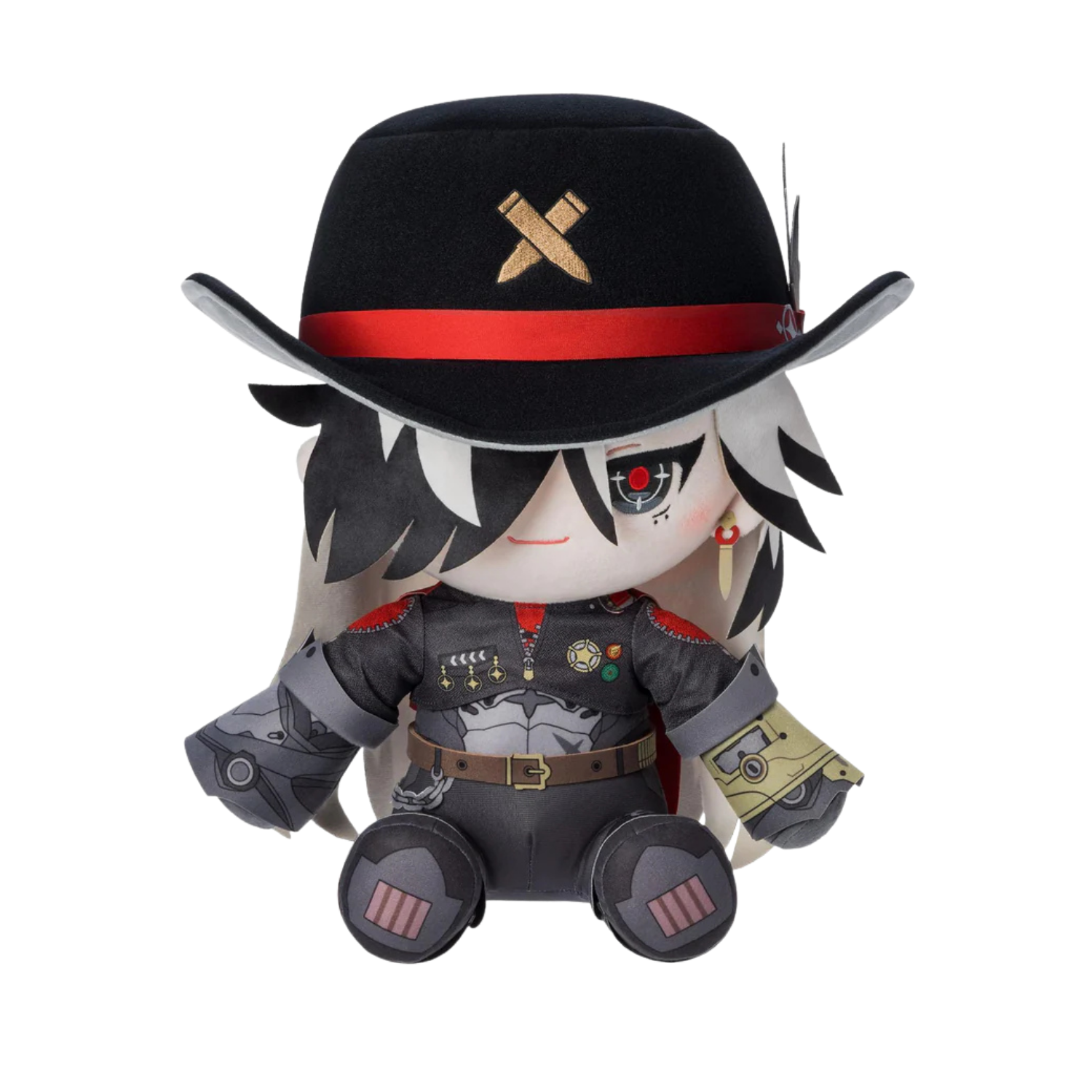 Plush toy with character design wearing a black hat with a red band and black outfit.
