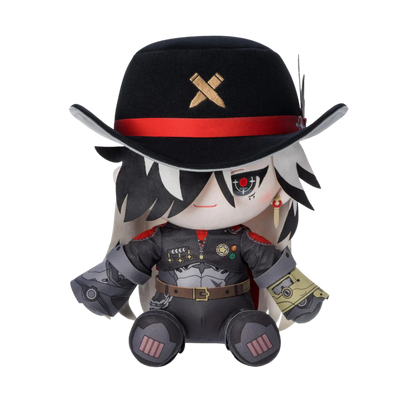 Plush toy with character design wearing a black hat with a red band and black outfit.