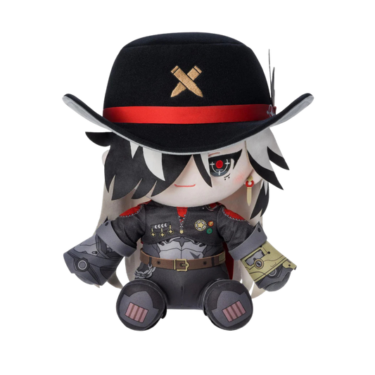 Plush toy with character design wearing a black hat with a red band and black outfit.