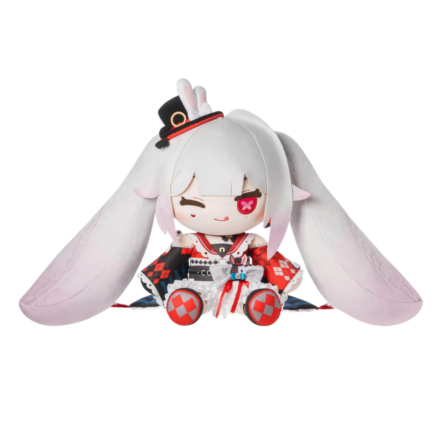 Plush toy with rabbit-like design on a white background
