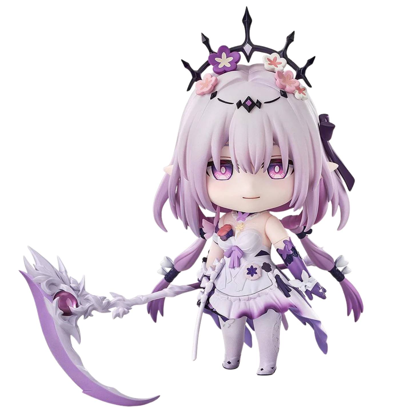 Anime character figurine with purple hair and outfit, holding a weapon on a white background