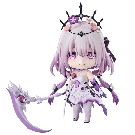 Anime character figurine with purple hair and outfit, holding a weapon on a white background