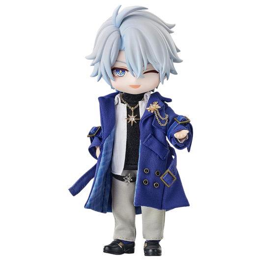 Anime character figurine with blue coat and white hair on a white background