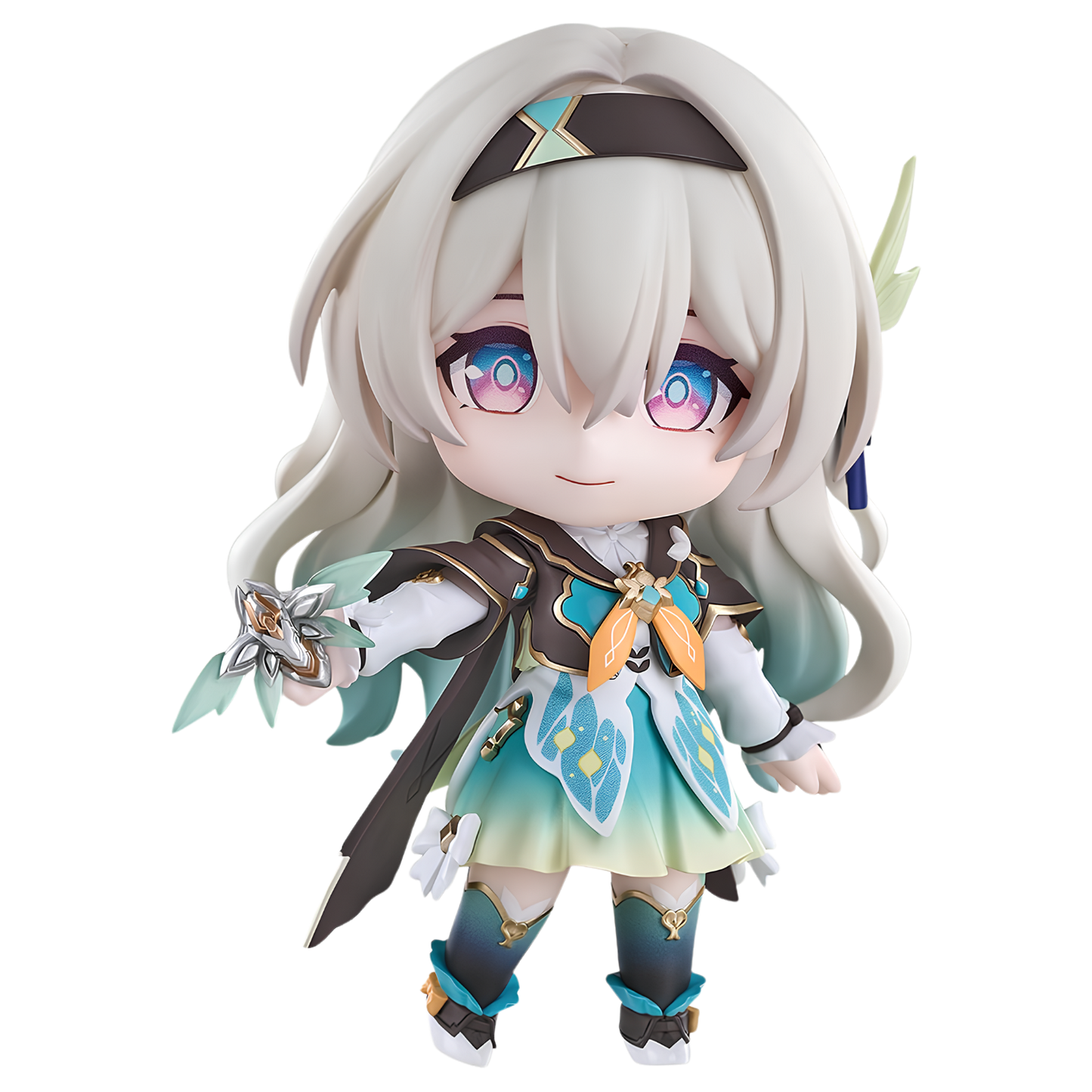A chibi-style collectible figure of a female anime character with long white hair, blue-purple eyes, and a teal and black outfit with orange and blue accents, shown against a plain white background.