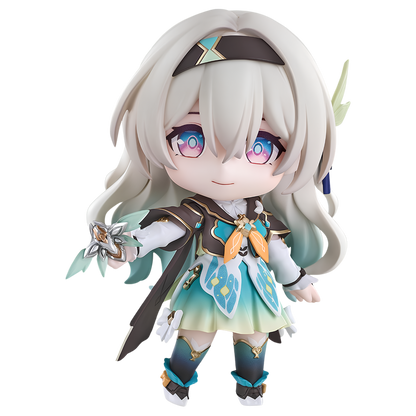A chibi-style collectible figure of a female anime character with long white hair, blue-purple eyes, and a teal and black outfit with orange and blue accents, shown against a plain white background.