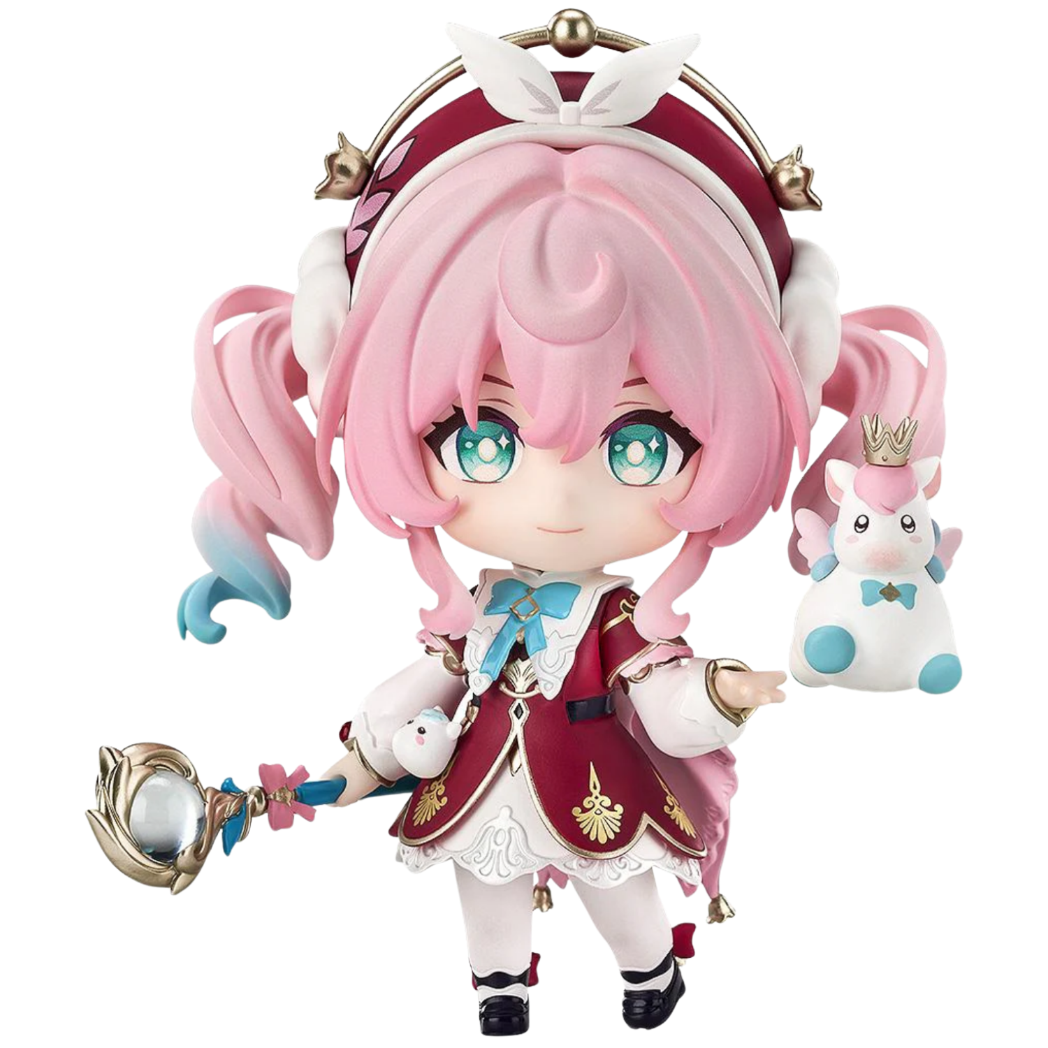 Anime character figurine with pink hair and a small unicorn toy on a white background