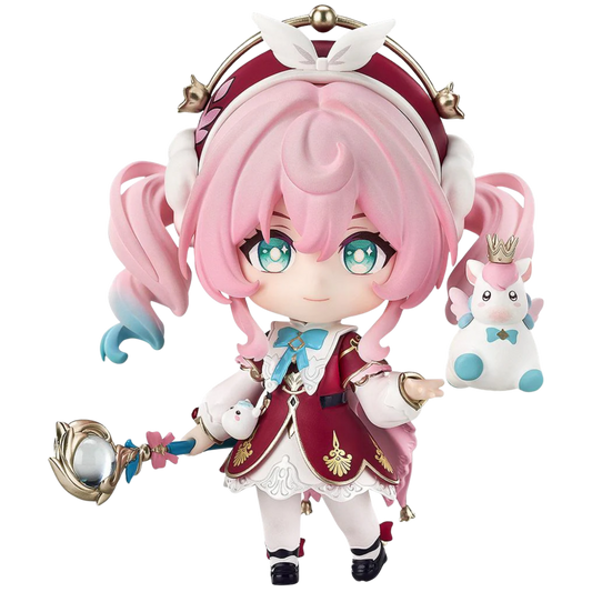 Anime character figurine with pink hair and a small unicorn toy on a white background