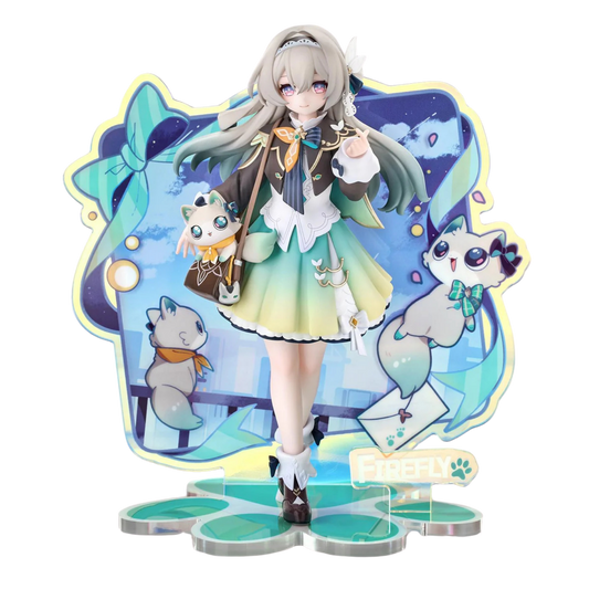 Figurine with a character and two cats on a colorful stand
