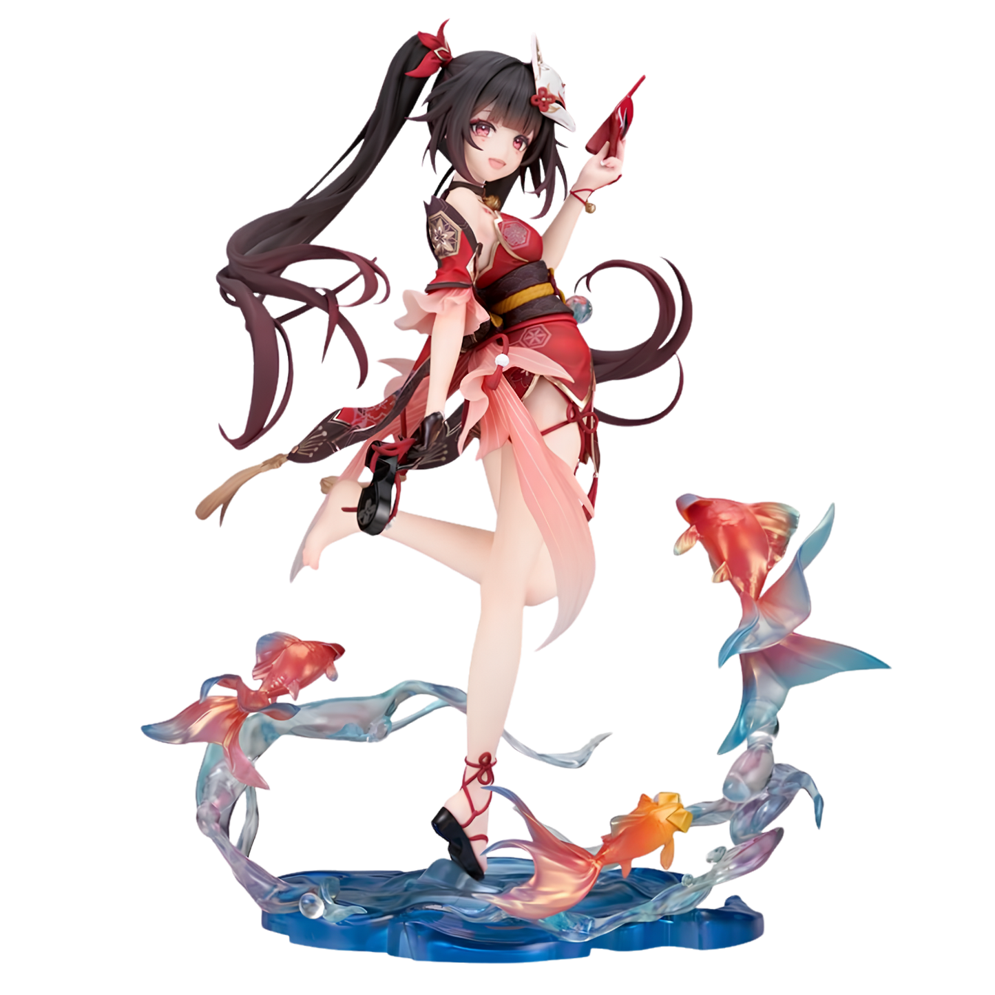 A detailed anime-style figurine of a female character with long dark hair, wearing a red and pink outfit, posed dynamically on a blue base with translucent fish and water elements around her.