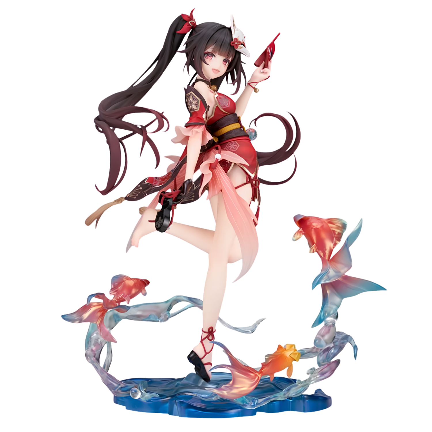 A detailed anime-style figurine of a female character with long dark hair, wearing a red and pink outfit, posed dynamically on a blue base with translucent fish and water elements around her.