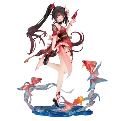 A detailed anime-style figurine of a female character with long dark hair, wearing a red and pink outfit, posed dynamically on a blue base with translucent fish and water elements around her.