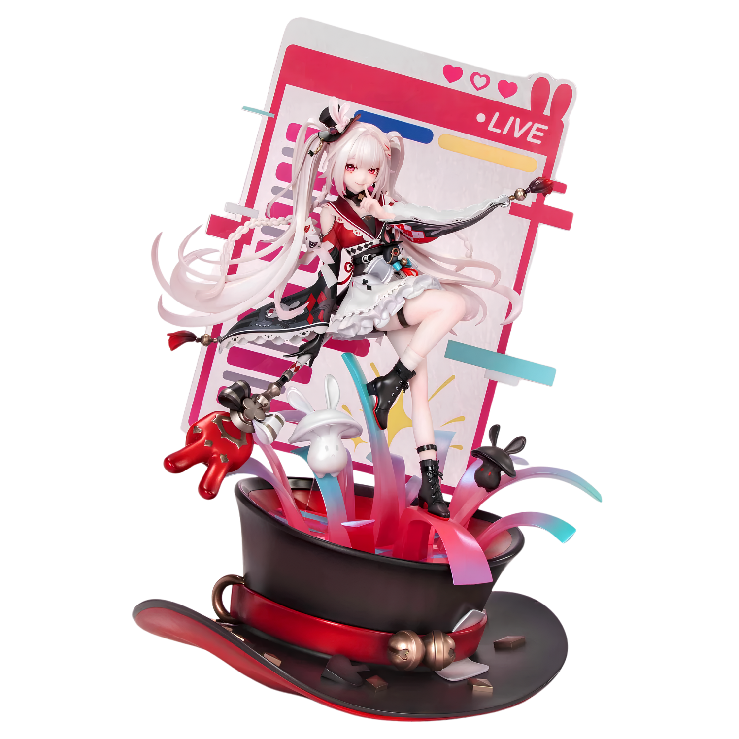 A collectible anime figurine of a character with long white hair, wearing a red and black outfit with a white frilly skirt, posed dynamically inside a large pink screen graphic and sitting on top of a black top hat with a red band. The figurine includes small rabbit and monkey accessories, set against a plain white background.