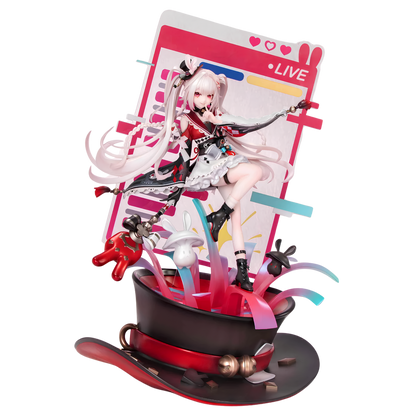 A collectible anime figurine of a character with long white hair, wearing a red and black outfit with a white frilly skirt, posed dynamically inside a large pink screen graphic and sitting on top of a black top hat with a red band. The figurine includes small rabbit and monkey accessories, set against a plain white background.