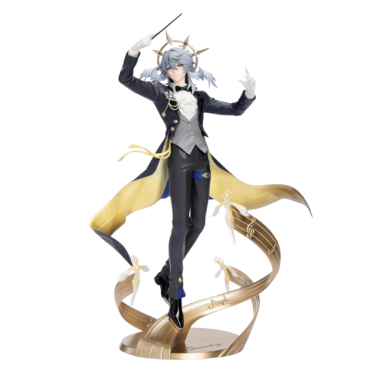 Figurine of a character in formal attire with a gold cape on a white background