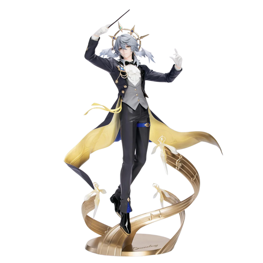 Figurine of a character in formal attire with a gold cape on a white background